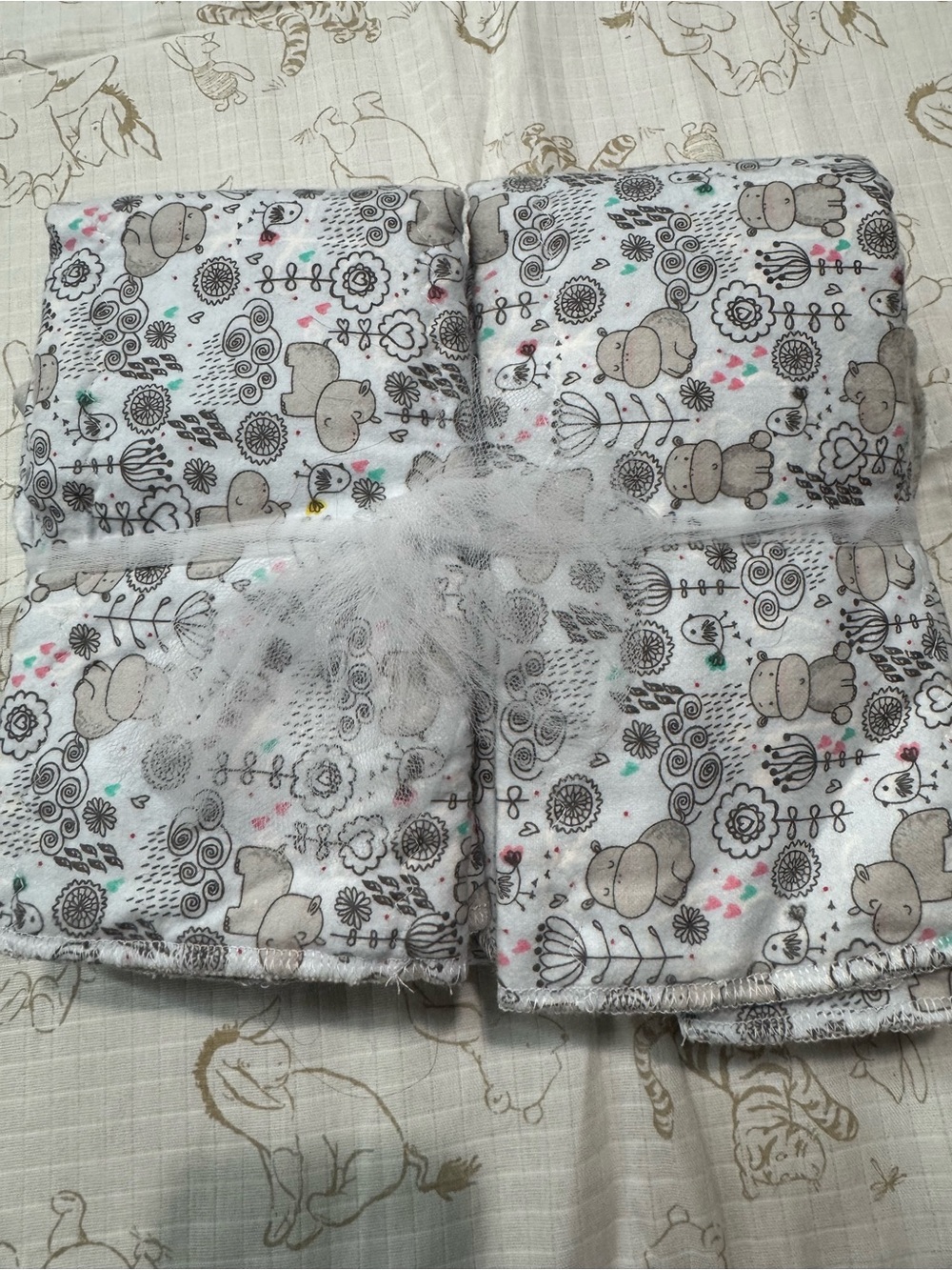 White Baby Blanket set with Gray Hippo Print and Pastel Accents